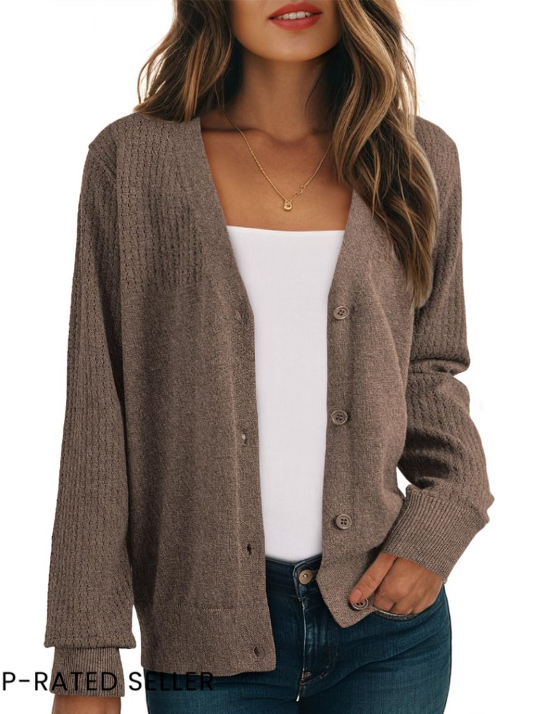 V-Neck Cardigan Sweater Long Sleeve Button Down Hollow Out Knit Casual Chic